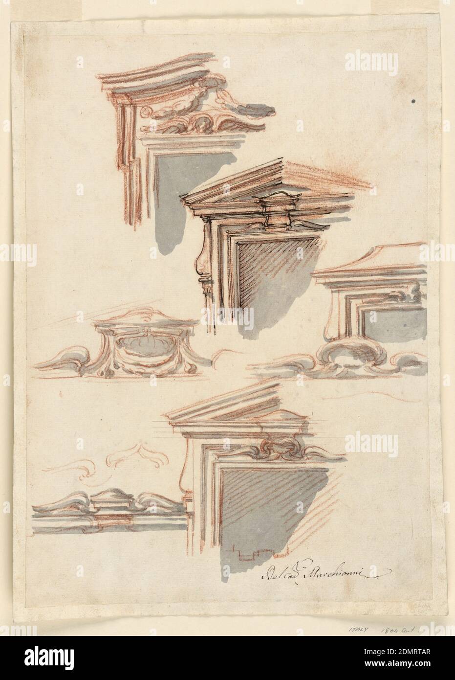 Window Cases with Alternate Suggestions, Filippo Marchionni, Italian, 1732–1805, Graphite, red crayon, brush, and gray watercolor on laid paper, Above: entablature is curved; in the panel above the window frame are two festoons over a low broken pediment. Center: at left: surbased pediment and part of a balustrade as the upper part of the outside frame; at right: a curved hipped roof, and the baluster motif. Central row: broken pediment as a motif for the inside of a pediment. At right: motif in the center of the window frame of the project in the center right has been changed Stock Photo