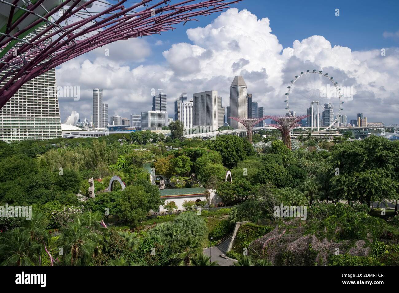 Singapore: overview of the Gardens by the Bay (park). In the background, the Singapore Flyer giant observation wheel Stock Photo