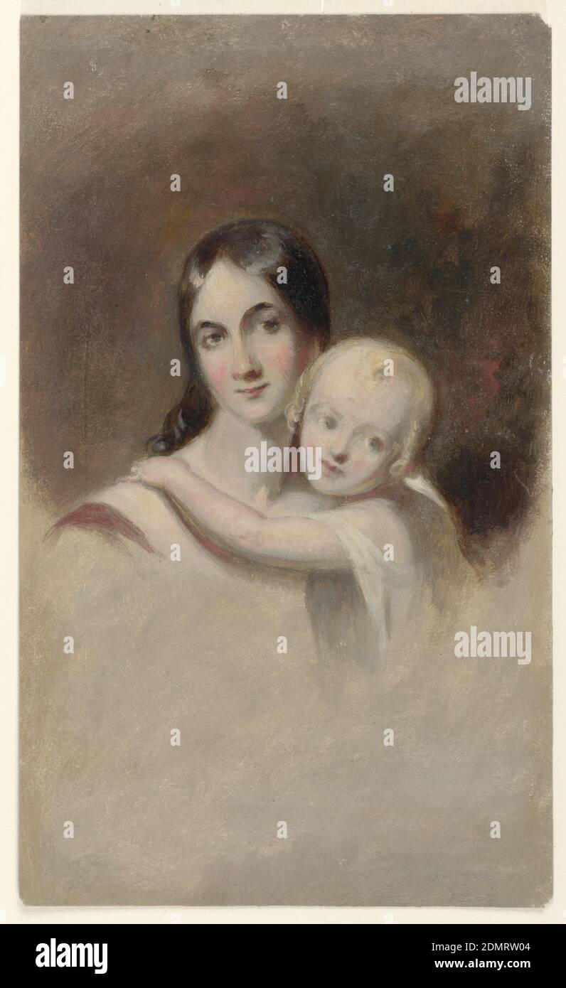 Study for 'Portrait of Mrs. James Robb and her Three Children,' Ogden Museum of Southern Art, New Orleans, LA, Thomas Sully, 1783 – 1872, Brush and oil paint on paperboard, Vignette of a female figure holding a child., USA, 1844, figures, Drawing Stock Photo