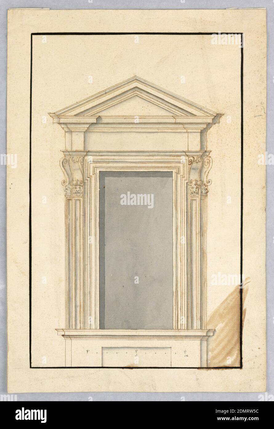 Project for a Window Case, Pen and brown ink, brush and gray wash on off-white laid paper, Window case with triangular pediment, whose frieze is supported by corbels with masks at the base., Italy, 1650–1700, architecture, Drawing Stock Photo