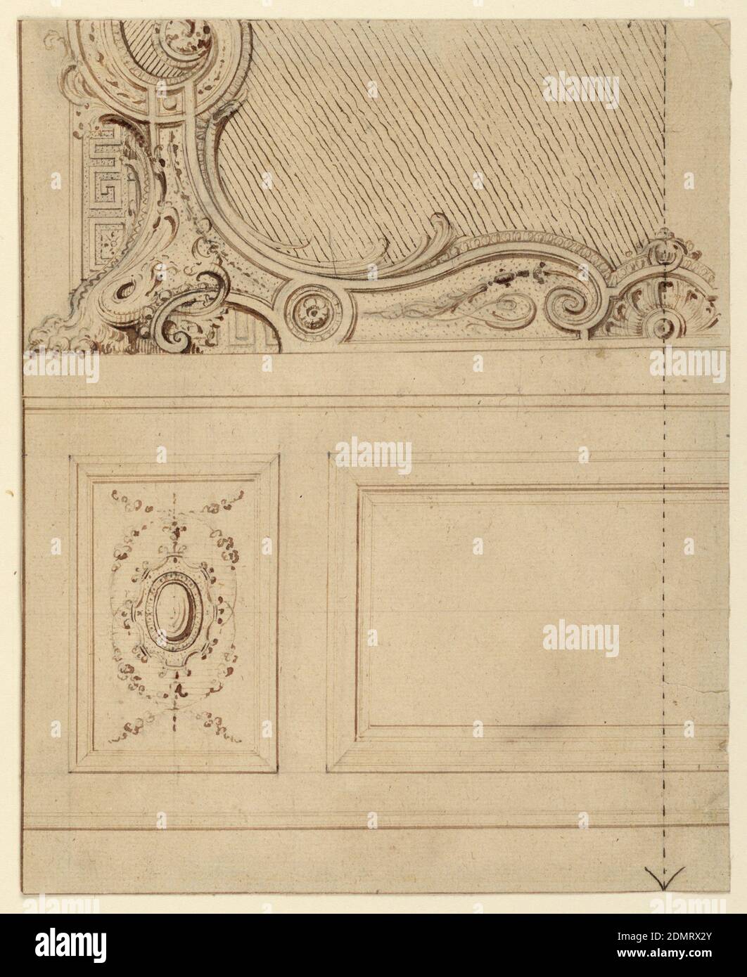 Design for the Lower Portion of a Wall Panel, Gilles-Marie Oppenord, French, 1672–1742, Pen and black and sepia ink, brush and wash, black chalk on paper, Three panels of architectural decoration, upper panel showing lower left of frame with claw foot; lower left with floral design around central framed oval; middle panel empty. Dotted line with arrow at bottom runs down right edge., France, 1714, architecture, Drawing Stock Photo