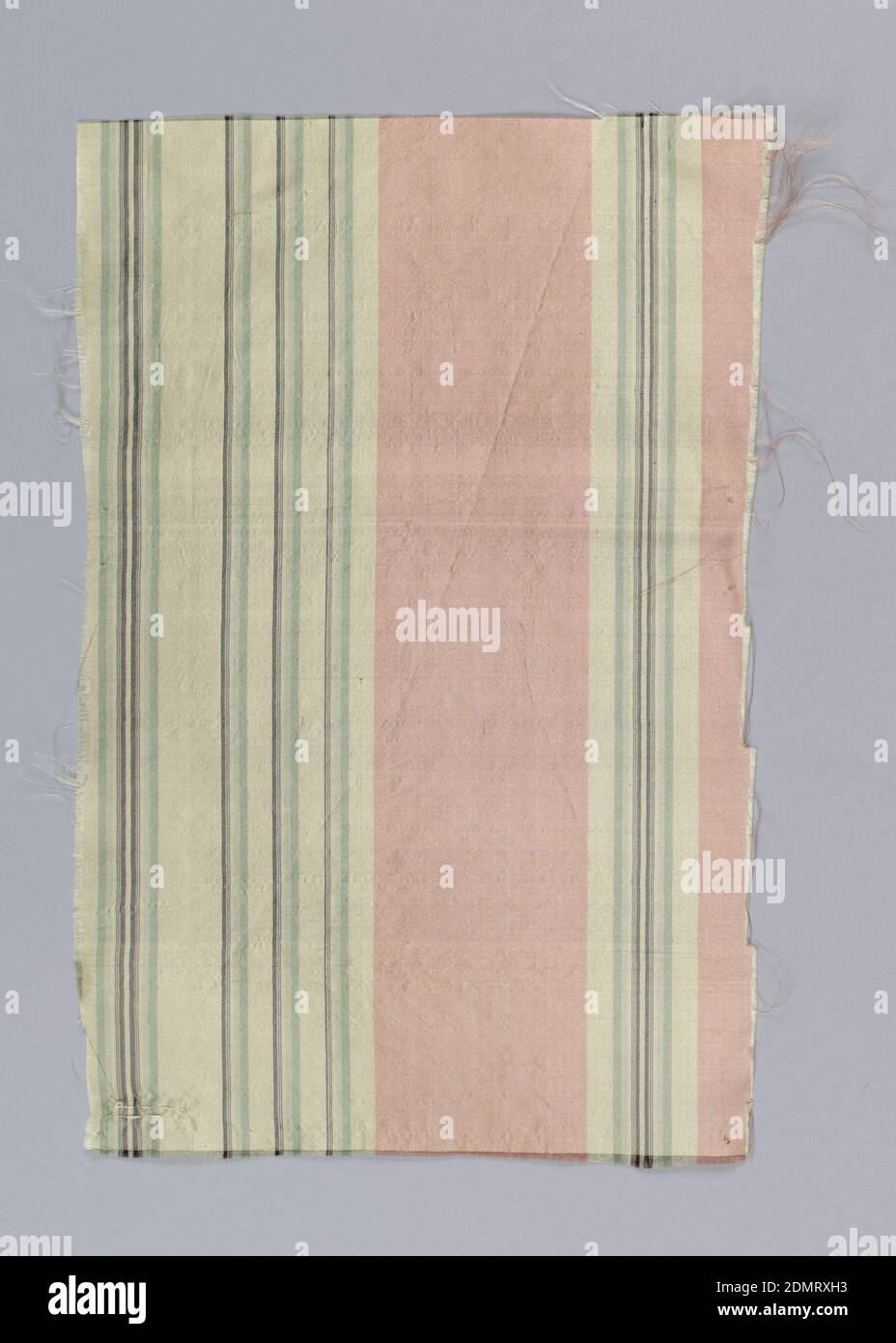 Fragment, Medium: silk Technique: plain weave, Lightweight silk in vertical stripes of pink, white, green and black., France, 19th century, woven textiles, Fragment Stock Photo