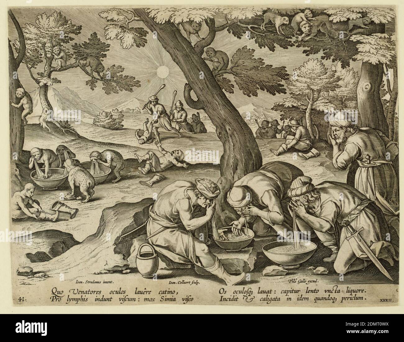 Apes imitating hunters, Jan van der Straet, called Stradanus, Flemish, 1523–1605, Jan Collaert II, Flemish, 1560 - 1628, Philips Galle, Flemish, 1537 - 1612, Engraving on paper, Horizontal rectangle. In the foreground, right, a group of men, washing their eyes, using the basins. In the middle ground, a number of apes imitates them. At lower left: 'Ioan. Stradanus invent.'; at left center: 'Ioan. Collaert Sculp.'; at lower right: 'Phls Galle excud.' Below: 'QUO VENATORES OCULUS...', Netherlands, 1596 or after, figures, Print Stock Photo