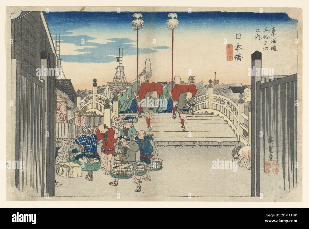 Nihon Bridge, Morning View, Nihonbashi, in The Fifty-Three Stations of the Tokaido Road (Tokaido Gojusan Tsugi-no Uchi), Ando Hiroshige, Japanese, 1797–1858, Woodblock print in colored ink on paper, Hirogshige: plate 1. Morning view (Nihon-bashi, asa-no-kei) subtitle of second state: gyoretsu furude (processional Standard-bearers). This print shows the middle class during the late Edo period. Located on the bridge over the Kamo River, in the early morning, is a seen of daimyo's procession crossing bridge, two porters carrying red boxes followed by two standard-bearers. Stock Photo