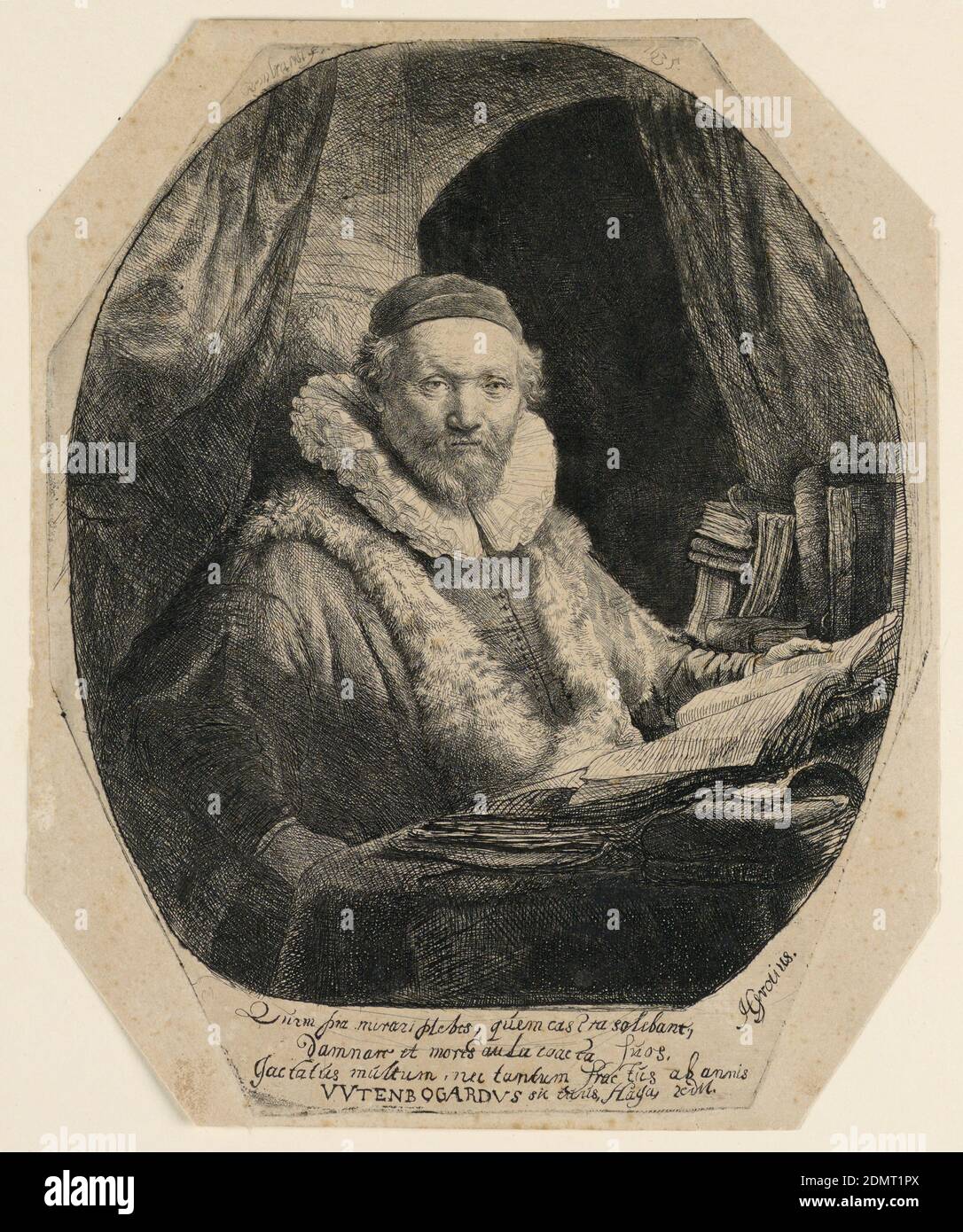 Jan Uytenbogaert (1557–1644), Preacher of the Remonstrants, Rembrandt Harmensz van Rijn, Dutch, 1606–1669, Etching on laid paper, Half-length portrait of the subject, turned toward the right, looking out at the spectator, head shown in three-quarter view. He is seated before a table on which are several books. His left hand supports an open volume., Netherlands, 1635, portraits, Print Stock Photo
