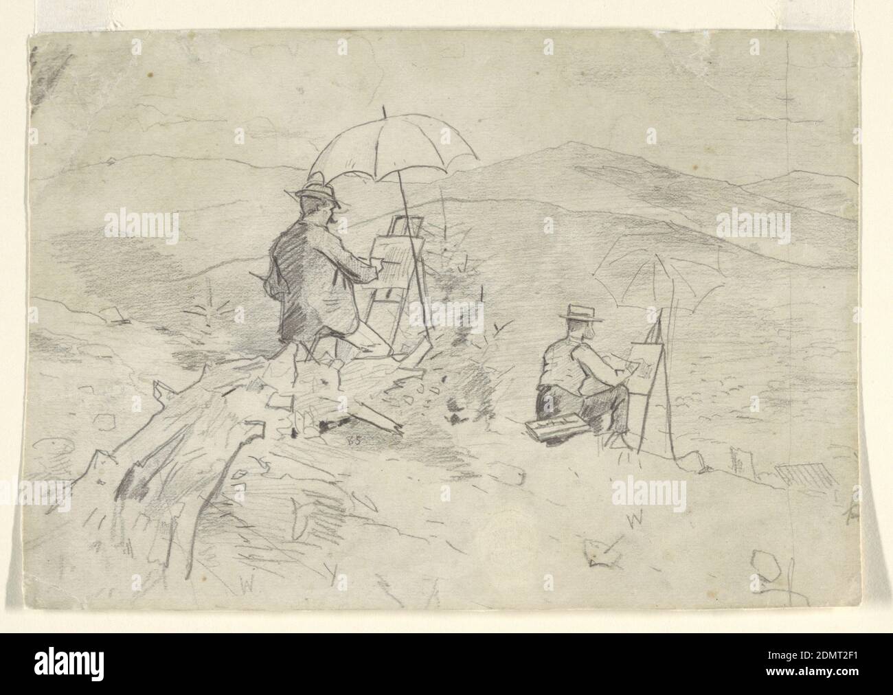 Artists Sketching in the White Mountains, Winslow Homer, American, 1836–1910, Graphite on off-white wove paper, blackened on verso for tracing, Horizontal scene of two male figures (artists), with easels and umbrellas, painting on a hillside overlooking distant hills and mountains. Verso: Vertical sketch of two male heads of soldiers, parts of other sketches, one of which is invalidated; another very rough one shows a bust portrait., USA, 1868, figures, Drawing Stock Photo