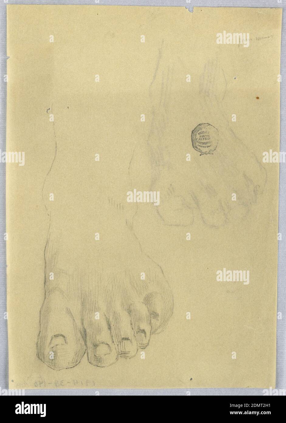 Study of a Left Foot, Francis Augustus Lathrop, American, 1849 - 1909, Graphite on tracing paper, Left foot seen straight on, at left. Verso: a right foot, at left., USA, ca. 1895, figures, Drawing Stock Photo
