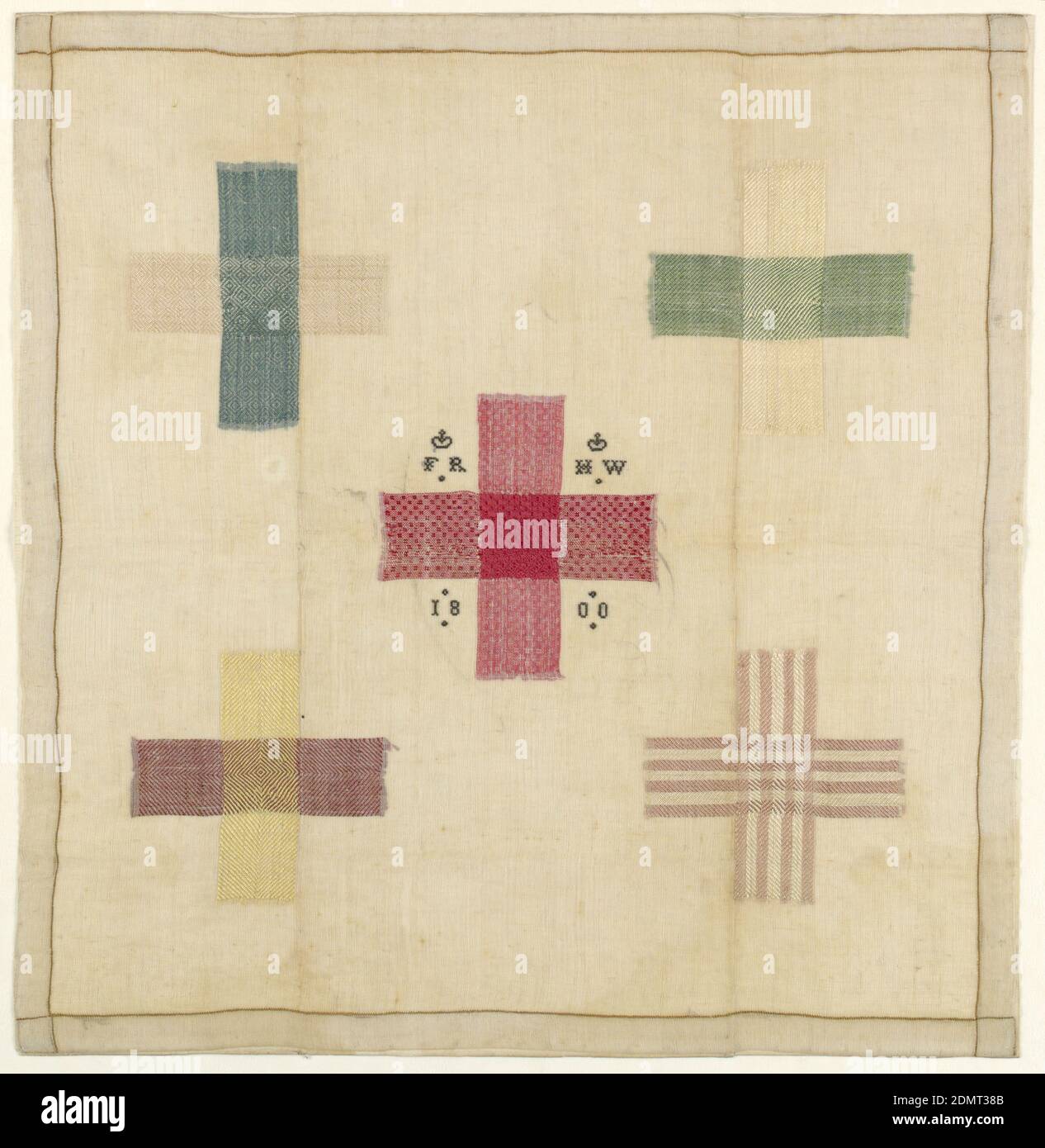 Darning sampler, Hannah Walne, Medium: linen, silk and paper backing Technique: embroidery, Handkerchief embroidered with five darning crosses on sheer linen. The initials FR and HW surmonted by two crowns, and the date 1800 are worked in black silk; the crosses in green, yellow, cream and red., England, 1800, embroidery & stitching, Darning sampler Stock Photo