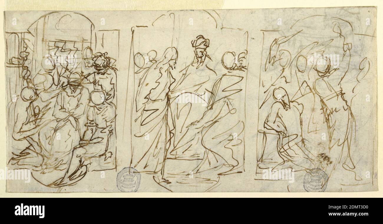 Three Stages of the Passion: The Mockery, Christ before Pilate, Flagellation, Francesco Coghetti, Italian, 1804 - 1875, Pen and brown ink on paper, The three stages of the Passion are sketched in three spaces defined by lobed archways. On the reverse, part of a sketch of an oval composition: Simeon and Anna with the infant Jesus in the temple and a sketch of an Oriental man., Italy, ca. 1848, figures, Drawing Stock Photo