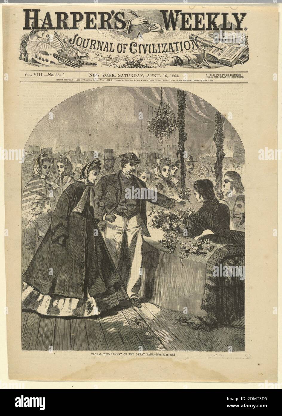 Floral Department of the Great Fair, Harper's Weekly, Wood engraving in black ink on paper, Ladies and gentlemen buying bouquets at a flower booth., USA, April 16, 1864, figures, Print Stock Photo