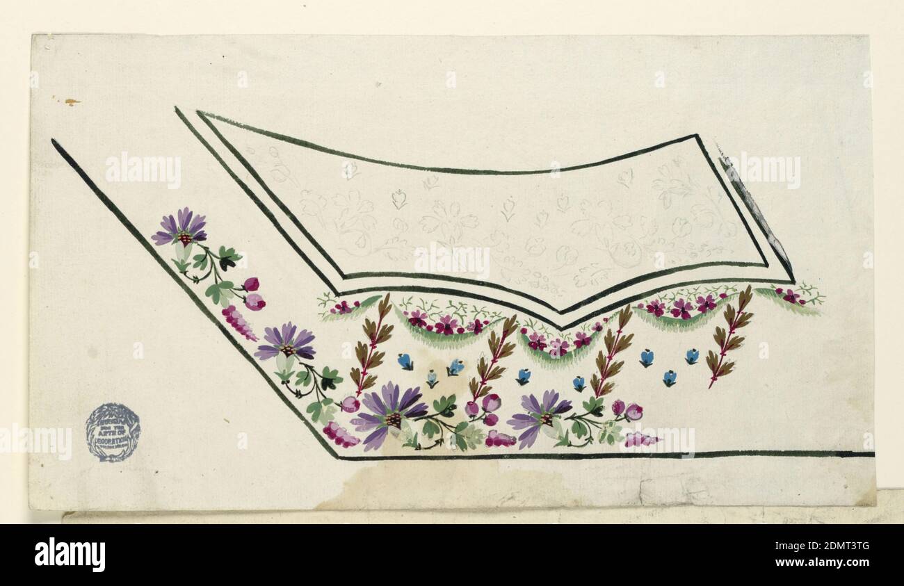 Design for the Embroidery of a Man's Waistcoat, Graphite, brush and watercolor on paper, The left bottom corner. Blue cornflowers and pink rosebuds are separated vertically by brown leaf-sprigs. Small garlands loop from beneath pocket flaps. Traced design on pocket flap., France, 1780–1790, Drawing Stock Photo