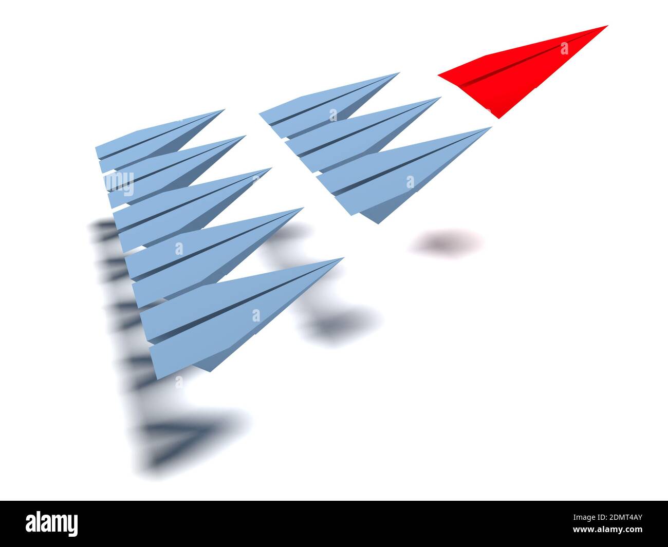 Leadership concept. One red leader plane leads other grey planes ...
