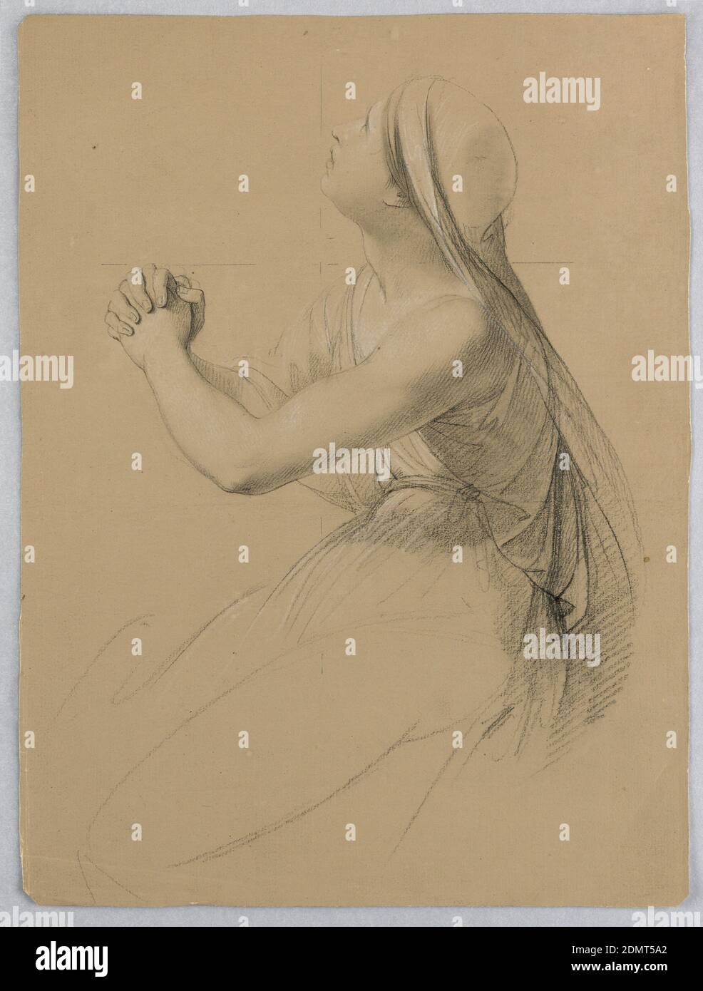 Study of Woman Praying for 'Communion of the Sick', Daniel Huntington, American, 1816–1906, Graphite, black pastel crayon, white chalk on white laid paper coated brown on recto, Study of a female figure on her knees, turned to the left and looking up with her hands clasped., Rome, Italy, USA, 1844, figures, Drawing Stock Photo