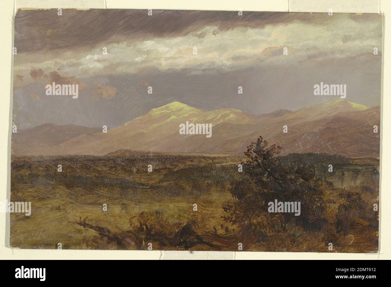 Catskills at sunset, Frederic Edwin Church, American, 1826–1900, Oil paint on cardboard, View of strong yellow light illuminating a distant chain of hills. Gray skies overhead. Scrub-brush in the foreground., USA, 1882, landscapes, Drawing Stock Photo