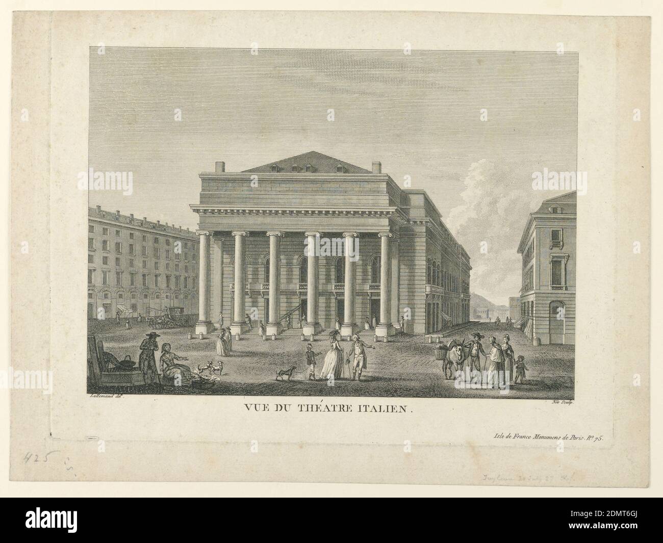 Theatre Italien, Paris, Engraving on paper, Horizontal rectangle. No. 75 of the same publication as -1392. Shown obliquely from the left corner of the frontside with the houses of the flanking streets and houses and a hill visible at the end of the right street. The caption reads beside the signature and the name of the publication: 'VUE DU THEATRE ITALIEN'., Europe and USA, Paris, France, 1790–1795, architecture, Print Stock Photo