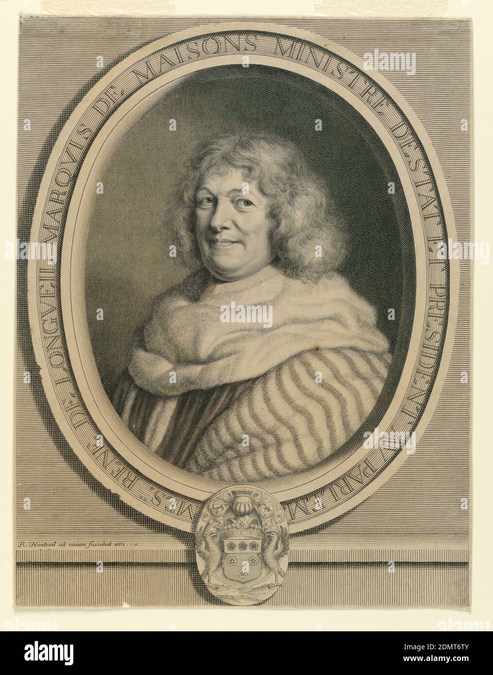 Portrait of the Marquis de Longveil, Robert Nanteuil, French, 1623 – 1678, Engraving on paper, A portrait in an oval frame, in which is written, 'Mes.re Rene de Longveil, Marquis de Maisons Ministre de Stat et President au Parlem.' The Marquis is turned slihtly to the left, with his head facing frontally. Below, left, the artist's name and the date., France, 1661, Print Stock Photo