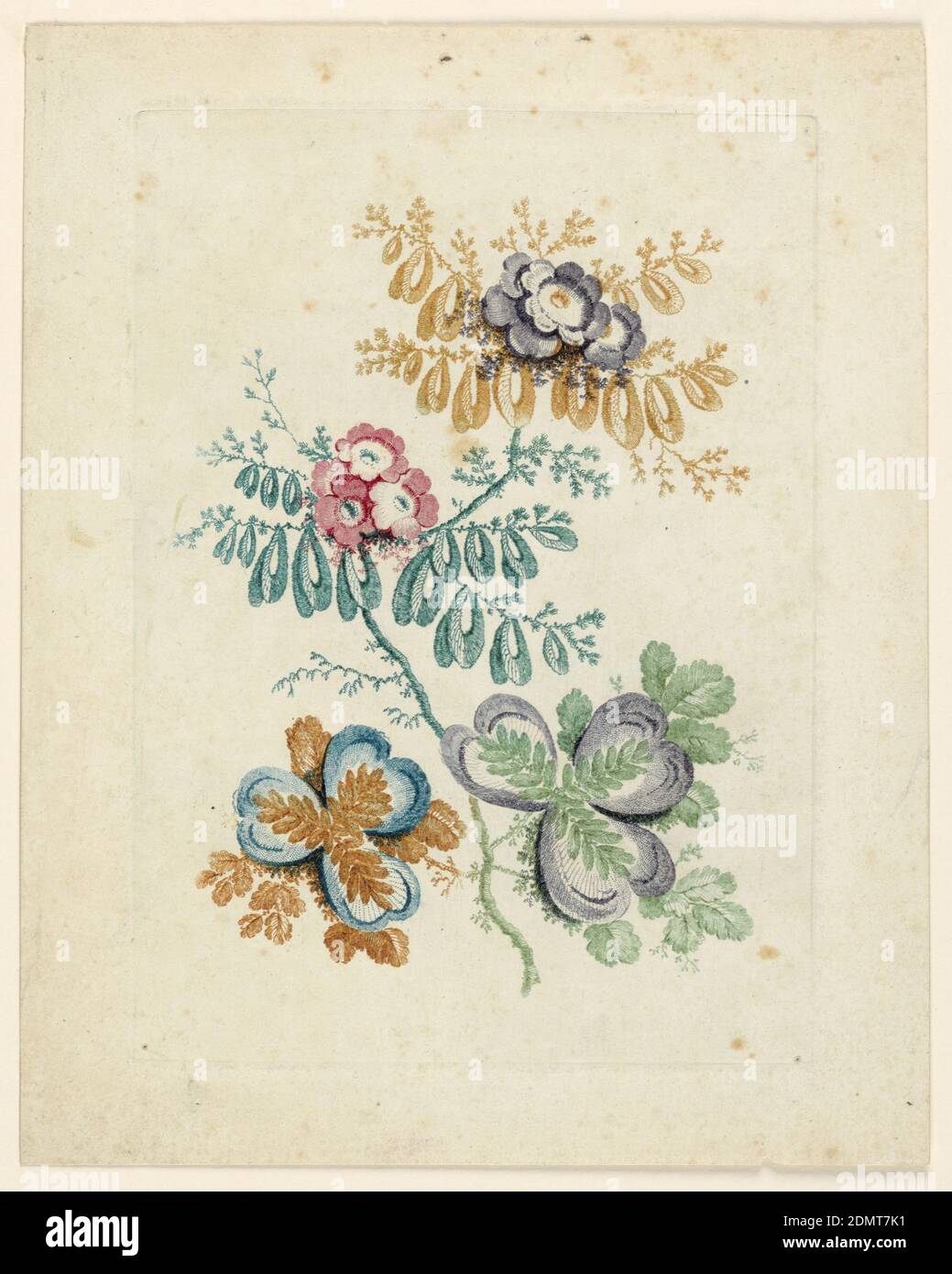 Fantastic flower motif from 'Nouvelle Suitte de fleurs iéales', Jean-Baptiste Pillement, French, 1728–1808, Anne Allen, English, active France, ca. 1750–1810, Etching a la poupée and green, teal, siena, rose, indigo, and ochre ink on paper, A bouquet of fantastical flowers, colored in various hues, with looping leaves and spade-shaped petals, as well as more recognizable blossoms., France, ca. 1760, nature studies, Print Stock Photo