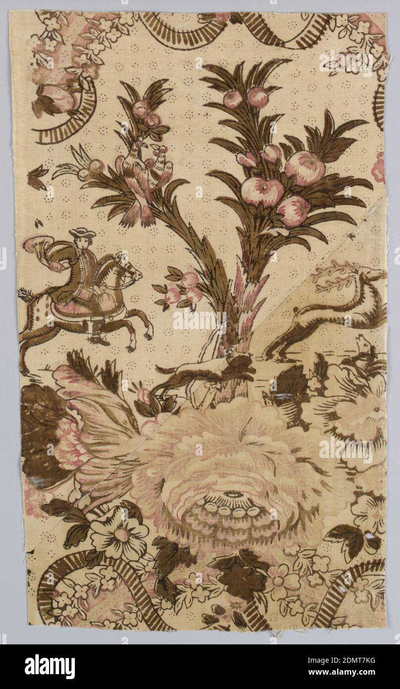 Fragment, Medium: cotton Technique: block printed on plain weave, Hunting scene with a man on horseback holding a horn to his mouth while a dog chases a stag. Design is dominated by large scale flowers, branches with birds and ribbons garlands with flowers. In shades of brown, black, pink and red., France, ca. 1785, printed, dyed & painted textiles, Fragment Stock Photo