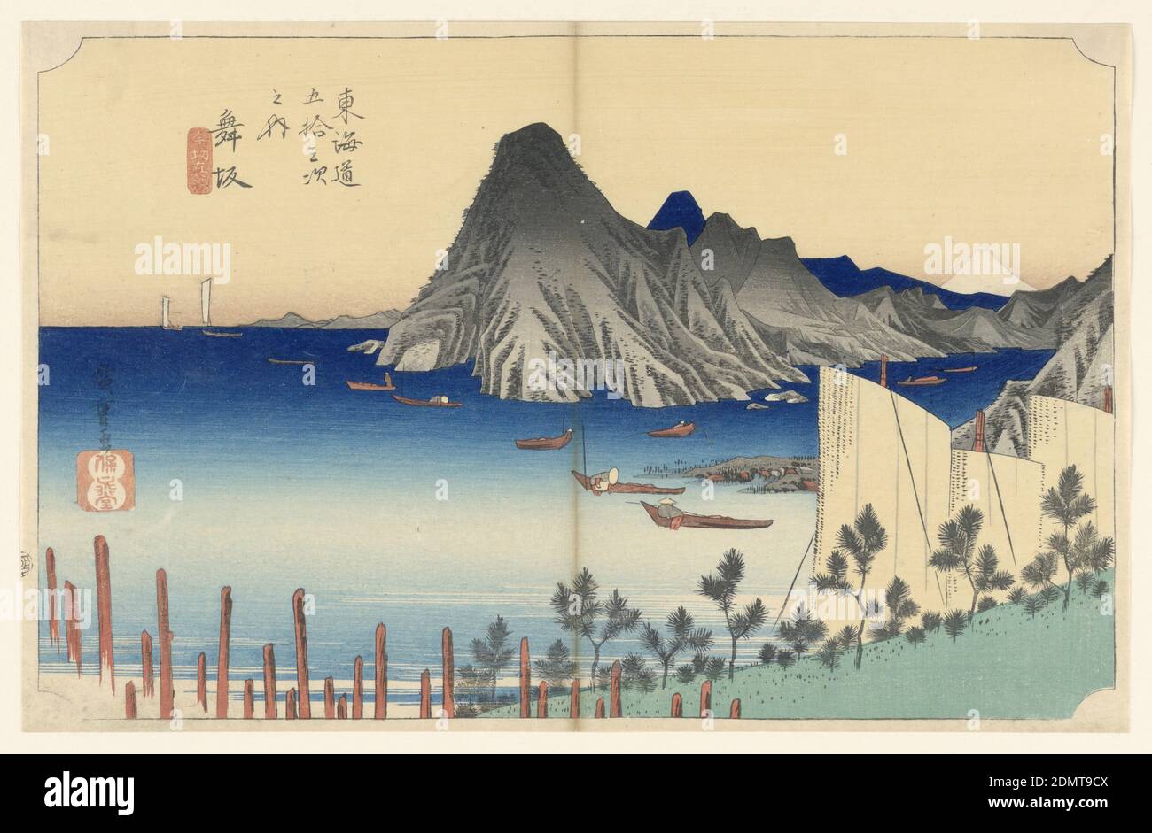 Maisaka, Imaki Point, in The Fifty-Three Stations of the Tokaido Road (Tokaido Gojusan Tsugi-no Uchi), Ando Hiroshige, Japanese, 1797–1858, Woodblock print (ukiyo-e) on mulberry paper (washi), ink with color, Right to center, Imaki Point, a group of rugged peaks, juts out. Right, white peak of Fuji. Around rocky shore are small fishing boats. Lower right, sails of three boats. Lower left, stakes., Japan, ca. 1834, seascapes, Print Stock Photo