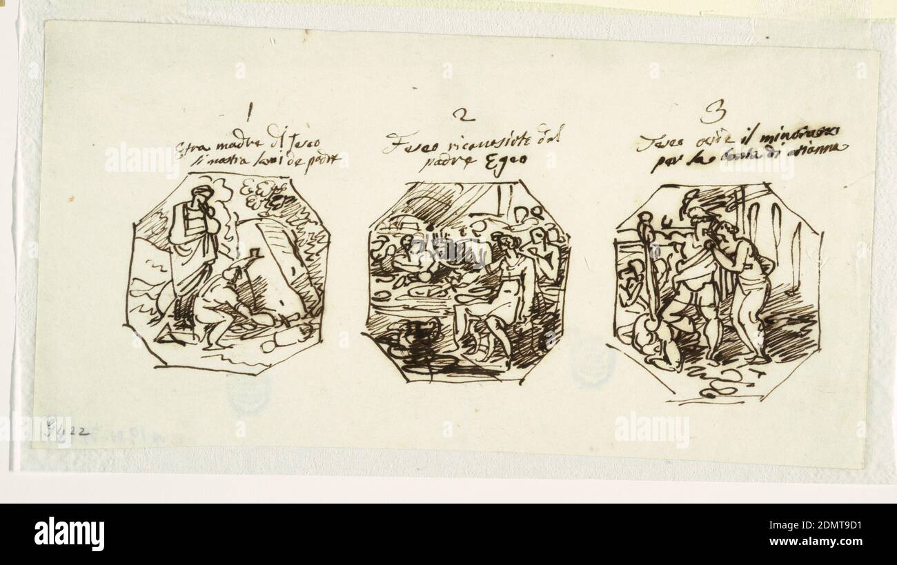 Three Sketches of Theseus Subjects, for the Sala di Teseo, Palazzo Gaddi, Forli, Felice Giani, Italian, 1758–1823, Pen and dark brown ink on laid paper, At left: kneeling youngster takes sword and shoes of father Aegeus from beneath stone. Aethra stands beside. In pen and brown ink above: ' I/Etra madre di Teseo/ li mostra larmi de padre; at center: King Aegeus recognizes his son during a meal, in brown ink above: 2/ Teseo riconosiuto dal/ padre Egeo; at right: Theseus standing over corpse of Minotaur, embraces Ariadne, in ink above 3/ Teseo ucide il minotauro/ per la bonta di arianna., Italy Stock Photo