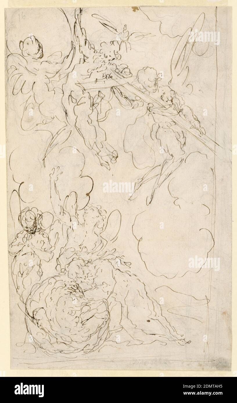 Study for Saint Joseph's Dream, Giuseppe Diamantini, Italian, 1621 - 1705, Graphite, pen and brown ink on white laid paper, Joseph, father of Jesus, sleeps as angels fly above him into the clouds, some supporting a large cross--premonition of the crucifixion., Italy, 1675–1700, Drawing Stock Photo
