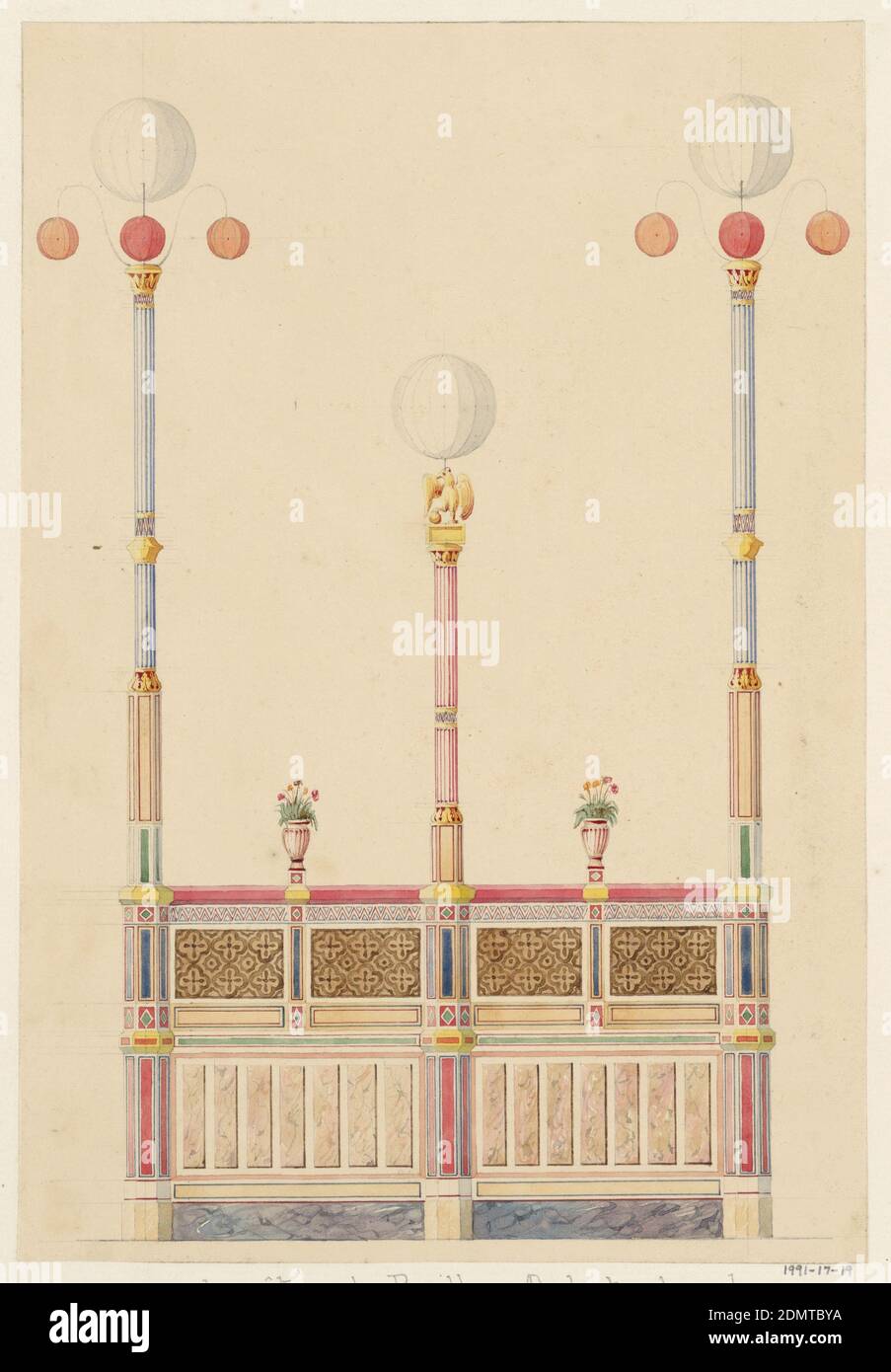Un des cotes du Pavillon orchestre dans le Jardin des Tuileries, en Juillet 1838', Félix-Jacques Duban, French, 1798 - 1870, Brush & pen & watercolor, graphite Support: light tan paper mounted on off-white laid paper, Design for the low side wall of a music pavilion, which supports three tall light posts. The two matching end light posts are decorated with blue and white stripes and gold accents. The top of each post terminates in a large white globe lantern, with three smaller globe lanterns below, two colored orange and the third red. The shorter central lamp post is articulated with red Stock Photo