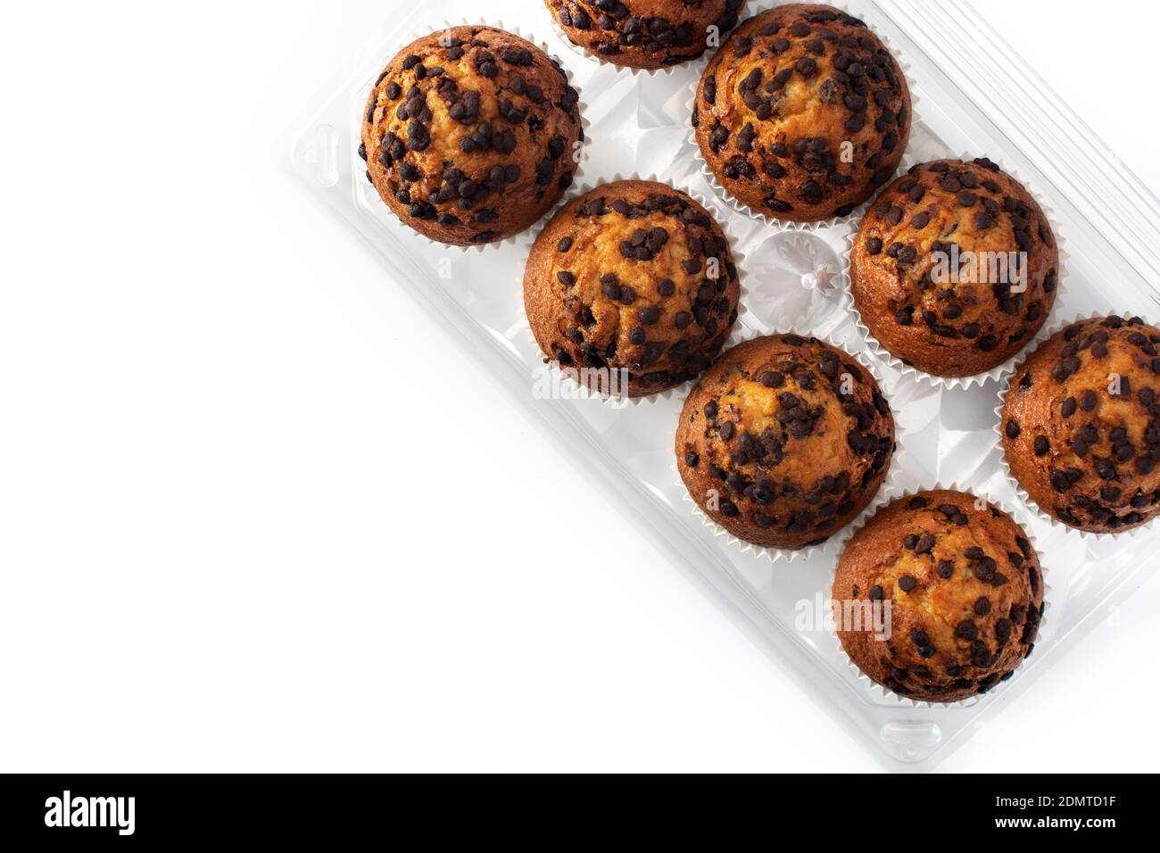 Just baked chocolate muffins packaged isolated on white background