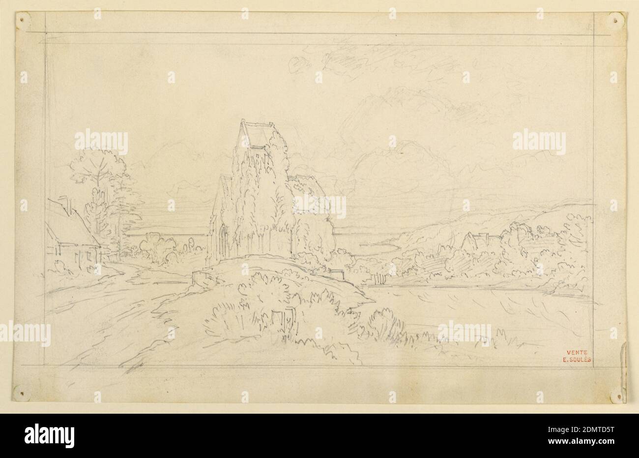 Landscape Sketch, Eugène Edouard Soulès, French, 1811–1876, Graphite on wove paper, At left is a house at a road. In the center, a Gothic church with trees in front. At right, trees and a house. A lake is in the background. Framing lines., France, ca. 1840, Drawing Stock Photo
