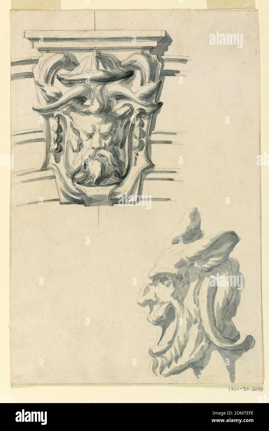 Design for a keystone and a mask, Black crayon, brush and blue-gray watercolor on paper, Above, the keystone with two escutcheons, the uppermost with a bearded mask with horns and donkey's ears. Laterally, the cornices of an entablature. Below, a similar mask with open mouth, seen in profile., Italy, 1750–80, ornament, Drawing Stock Photo