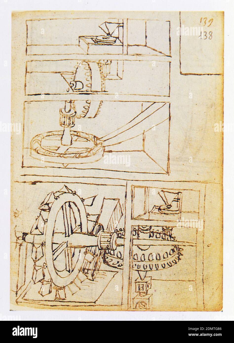 Francesco di Giorgio.Codicetto.Moulins à roues hydrauliques horizontales et verticales. Stock Photo