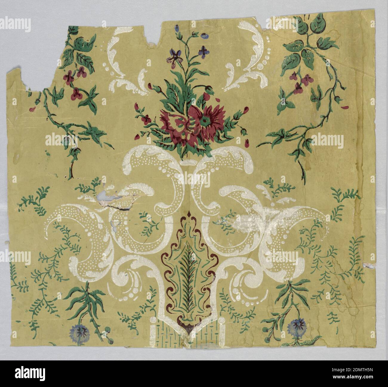 Sidewall - fragment, Machine-printed, In thinly applied colors, white scroll work, deep pink flowers with maroon shading, green foliage with brown-black veining, blue flowers on tan ground., possibly USA, 1840–60, Wallcoverings, Sidewall - fragment Stock Photo