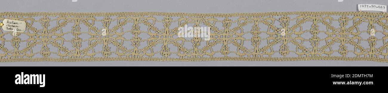 Band, Medium: Technique: bobbin lace, Continuous braid like, Fragment of provincial lace worked in a pattern of geometric rectangles., Italy, 19th century, lace, Band Stock Photo