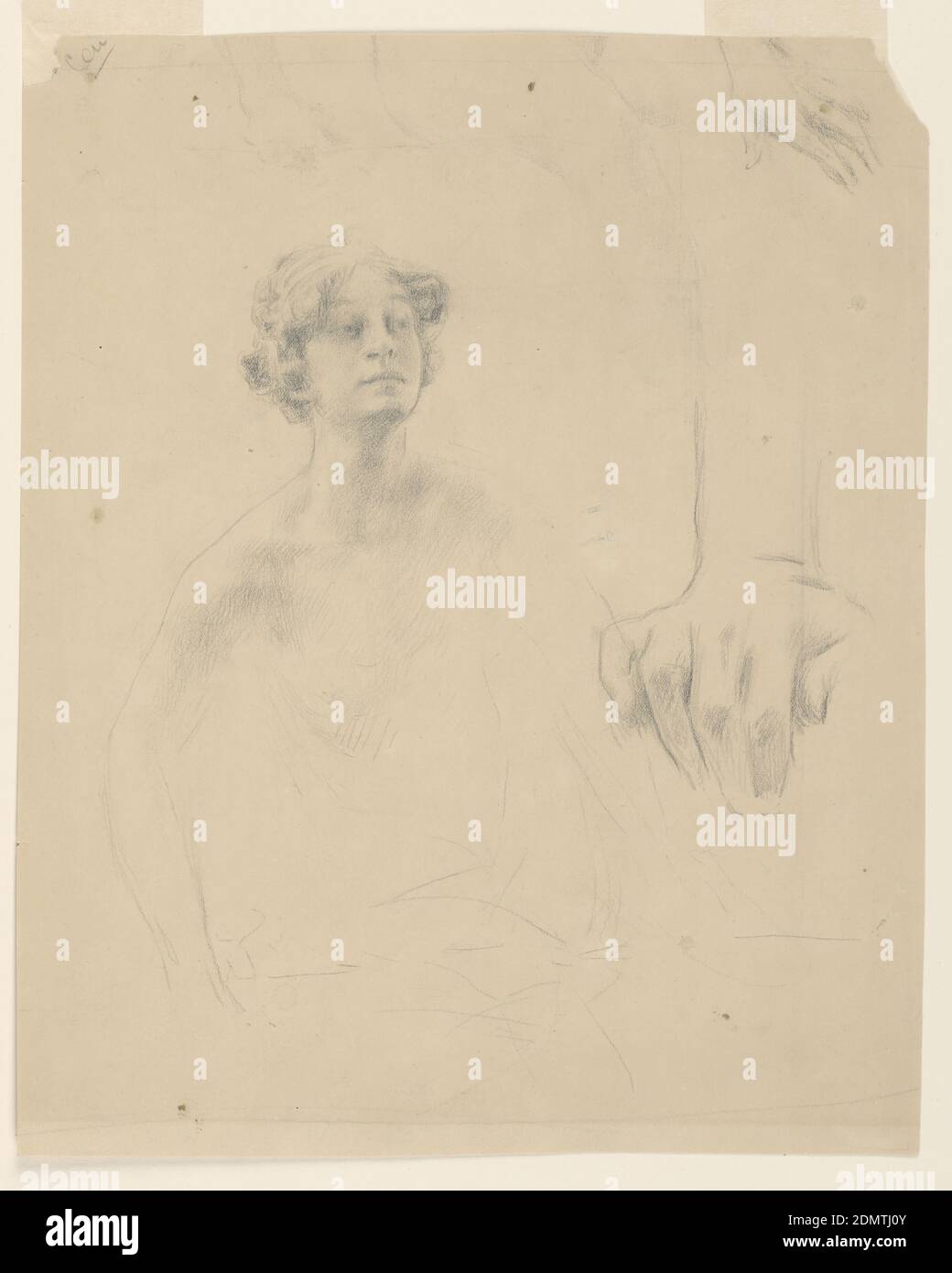 Study for woman, “Vintage Festival,” Mendelssohn Glee Club, New York, NY, Robert Frederick Blum, American, 1857–1903, Black pastel crayon, graphite on paper, Two sketches of a female figure; Detail of head and hands and upper part of the bust after the model. A left hand above at right is shown. Below at right the right hand. Written in upper left corner. A rough sketch of a part of a hand and the central part of a seated woman is shown in profile, are in the center above., New York, NY, USA, 1895–1898, figures, Drawing Stock Photo