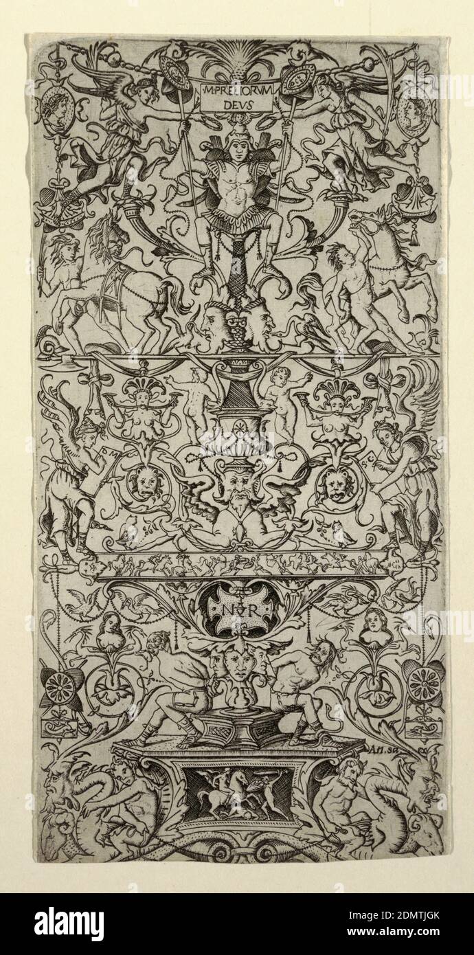 Ornament Panel with Mars, Nicoletto da Modena, Italian, active 1500 – 1522, Antonio Salamanca, Italian, ca. 1500 - 1562, Engraving on laid paper, Vertical rectangle fully decorated with symmetrical grotesque. At top, cameo profiles and horses. Below, a small battle frieze and a pair of bound prisoners., Italy, ca. 1507, ornament, Print Stock Photo