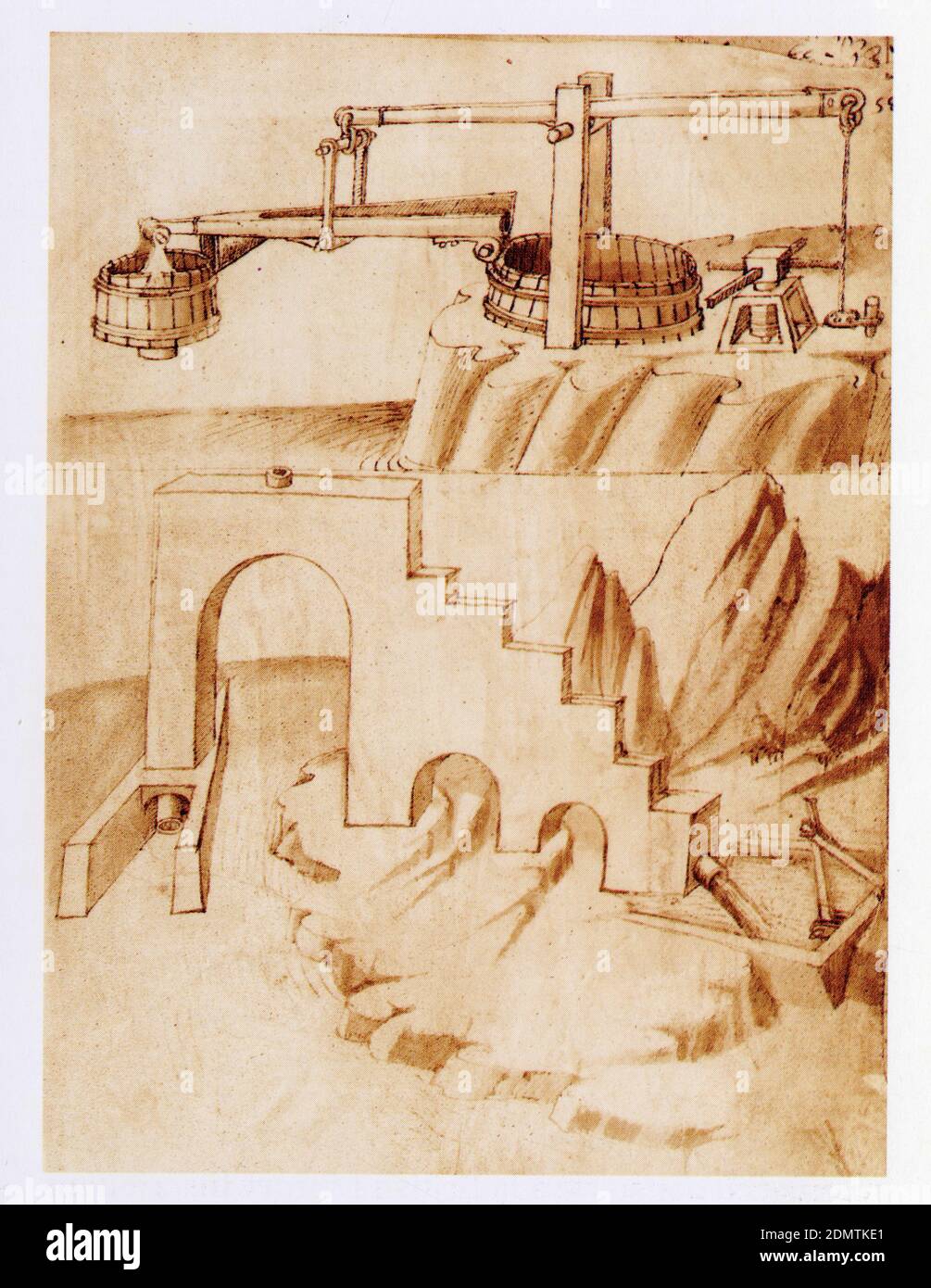 Francesco di Giorgio.Opusculum de architectura.Mécanisme avec treuil ,levier et baquet à balancier pour puiser l'eau Stock Photo