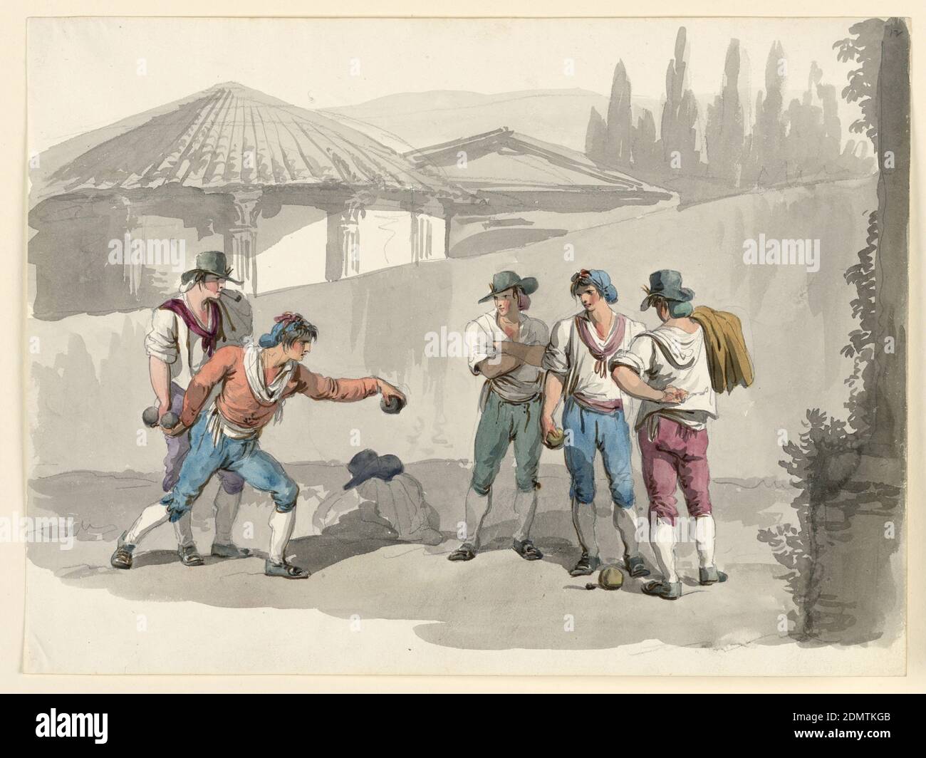 The Boccia Game, Bartolomeo Pinelli, Roman, 1781 - 1835, Pen and gray ink with watercolor and black chalk on off-white wove paper, Two players at left, three at right are shown against a wall over which two classical temples and trees rise., Italy, 1807–08, Drawing Stock Photo