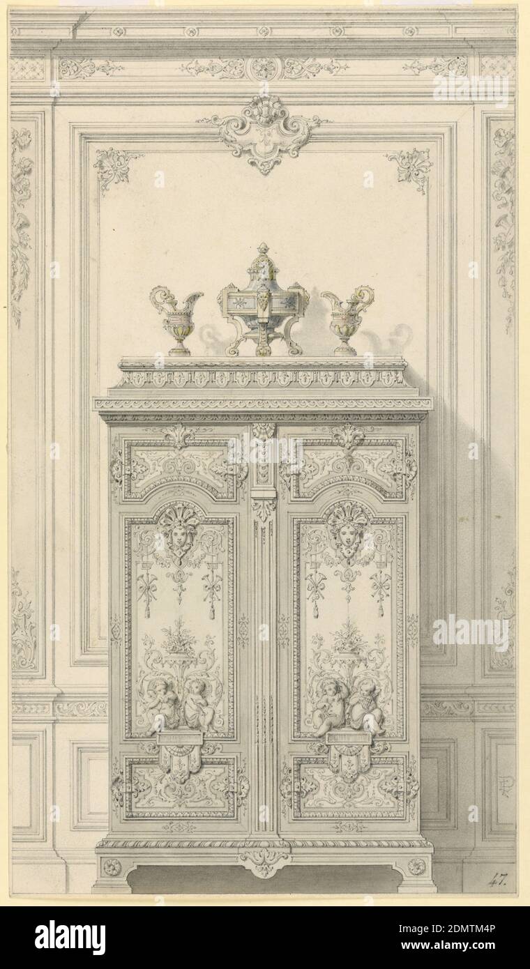 Design for a Bedroom Armoire in Louis XVI Style (Armoire pour un chambre à coucher riches, Style Louis XVI), Alexandre-Eugène Prignot, French, 1822–after 1875, Graphite, color pencil, brush and watercolor on cream paper, Armoire with tall doors with elaborate carving and marquetry. On tall center panel masks with plumed headdress are flanked by suspended musical trophies. Below two putti holding musical instruments, seated upon a tri-partite banner. Upper and lower panels decorated with hinges in acanthus leaf motif. Top of armoire displays ewers with helmet spouts Stock Photo