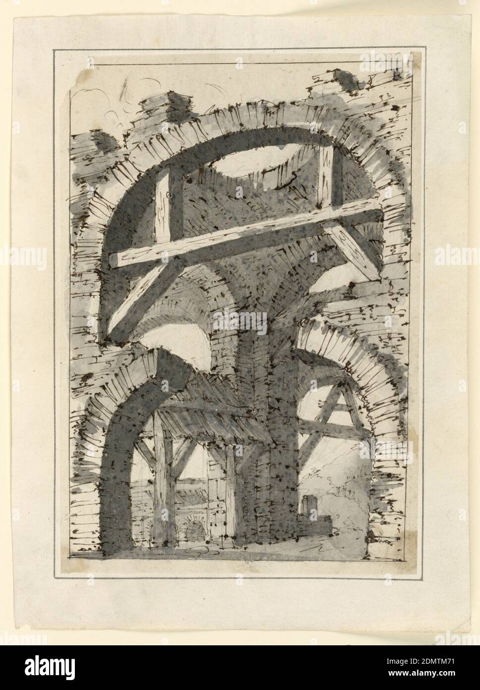 Rough Stone Arches Strengthened by Wooden Beams, Pen and brown ink, brush and gray wash on paper, Vertical rectangle. Arches of town-like buildings in decay supported by wooden beams., Italy, late 18th century, architecture, Drawing Stock Photo
