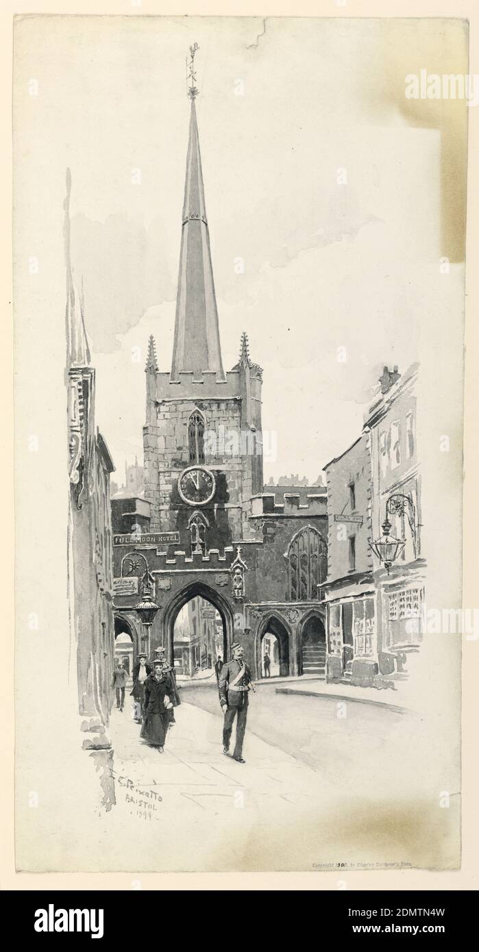 St. John's Gate, Bristol, Ernest Clifford Peixotto, American, 1869–1940, Charles Scribner's Sons, New York, New York, USA, Brush and black and grey watercolor on paper, The gate, with tower and its spire rising above it, is seen at the end of a street lined with houses and stores., USA, 1899, architecture, Drawing Stock Photo
