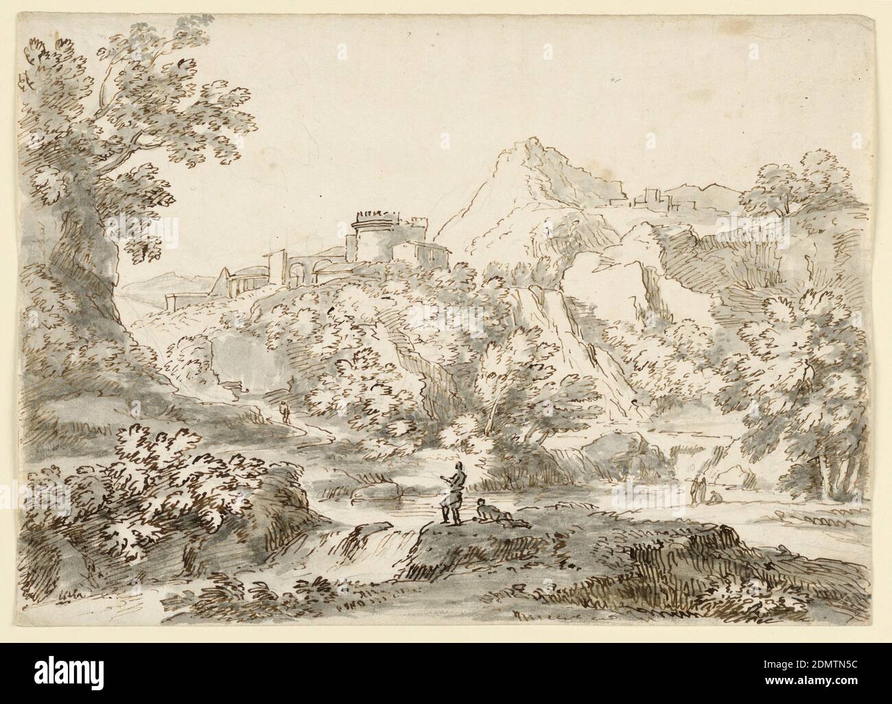 A Landscape with Town, Carlo Marchionni, Italian, 1702–1786, Pen and ink, brush and wash on paper, Mountainous country with figures beside a small waterfall in the foreground. In the background, a town with a crenelated castle before a looming outcrop., Italy, 1750–1770, landscapes, Drawing Stock Photo