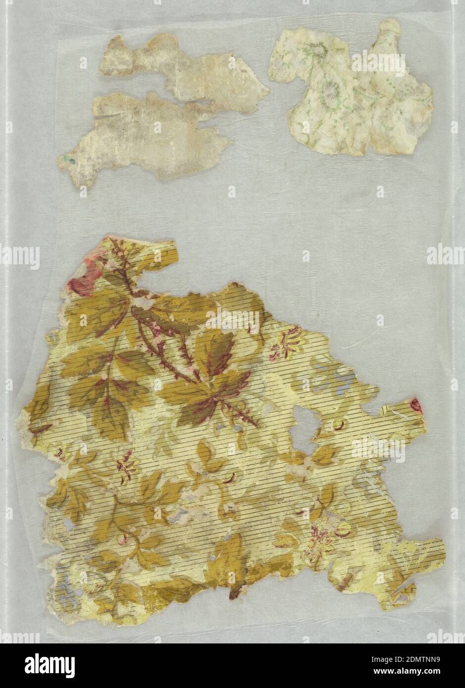 Sidewall, Machine-printed, Aesthetic-style design; floral and foliage pattern printed in ocher, deep red, yellow, blue and cream color on light olive-green ground. Overprinted with fine black stripes., 1860–90, Wallcoverings, Sidewall Stock Photo