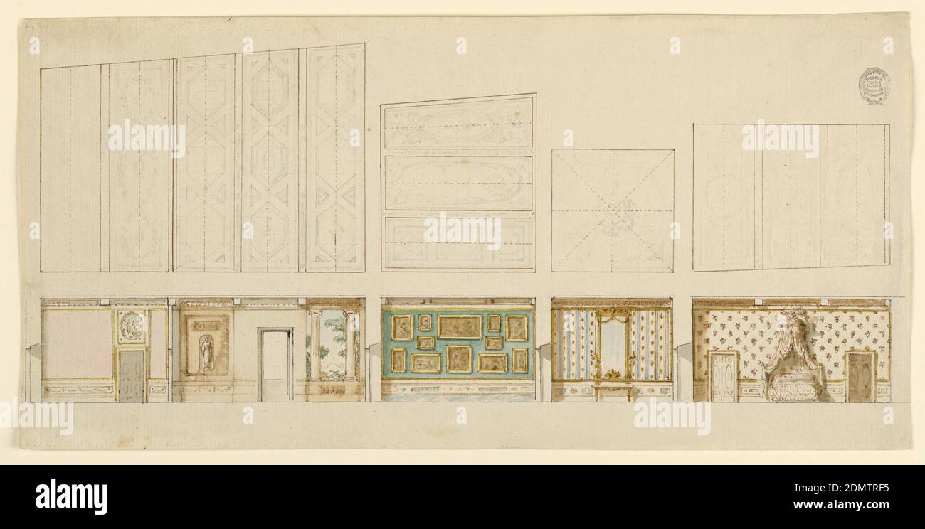 Decoration of an Apartment, Pen and ink, brush and watercolor on paper, Wall elevations in a sequence of five connected rooms. Ceilings are shown to scale directly above., Italy, ca. 1790, interiors, Drawing Stock Photo