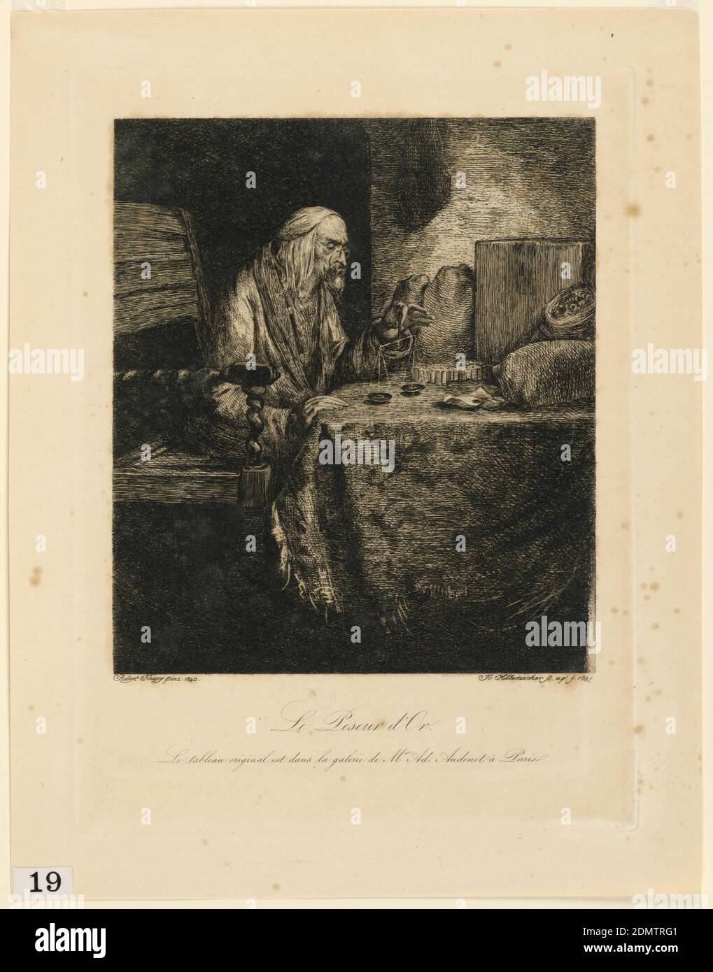 The Gold-Weigher, Frédéric-Désiré Hillemacher, French, 1811 - 1886, Joseph Nicolas Robert-Fleury, French, 1797 - 1890, Etching on tan paper, An old man sits in semi-gloom at a table, weighing gold., France, 1847, Print Stock Photo