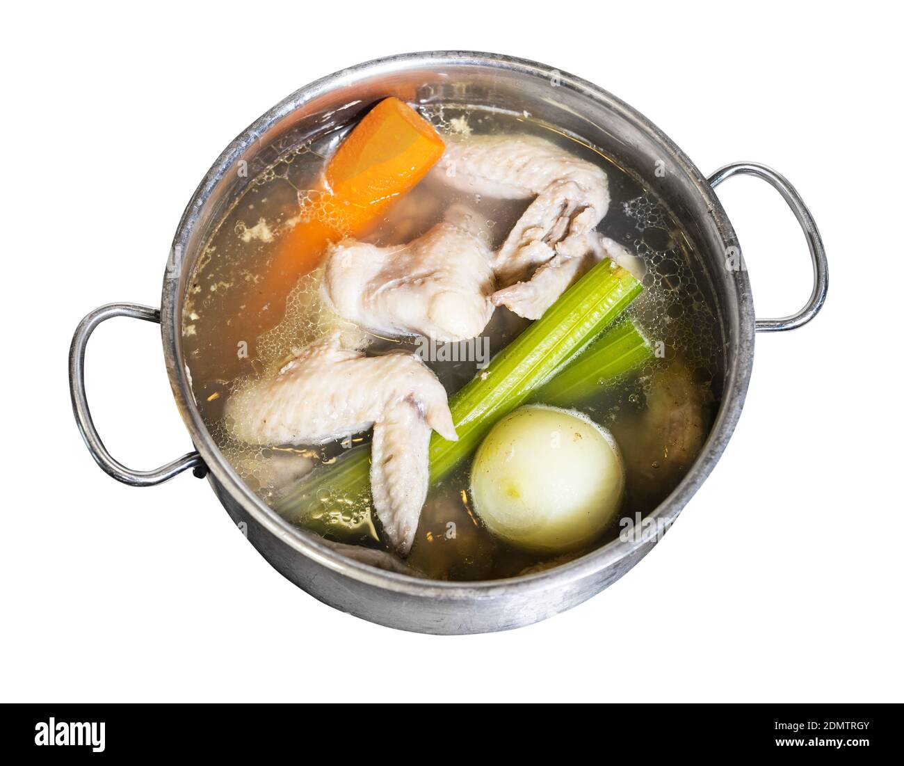 above view of chicken wings broth is cooked in steel stewpot isolated on white background Stock Photo
