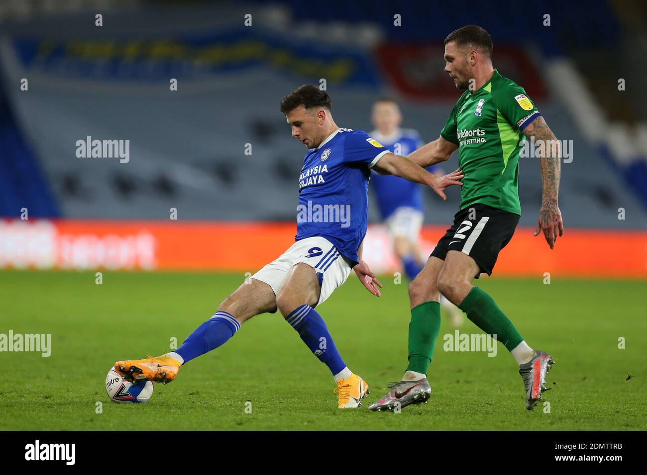 Cardiff, UK. 16th Dec, 2020. Mark Harris of Cardiff City (l) and Harlee Dean of Birmingham city in action (r).EFL Skybet championship match, Cardiff city v Birmingham City at the Cardiff City Stadium in Cardiff, Wales on Wednesday 16th December 2020. this image may only be used for Editorial purposes. Editorial use only, license required for commercial use. No use in betting, games or a single club/league/player publications. pic by Andrew Orchard/Andrew Orchard sports photography/Alamy Live news Credit: Andrew Orchard sports photography/Alamy Live News Stock Photo