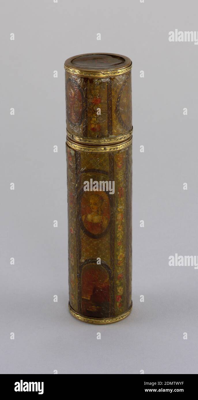 Etui and cover, Lacquer painted over shagreen; Vernis Martian, Cylindrical case with tortoise shell interior., France, late 18th century, containers, Decorative Arts, Etui and cover Stock Photo
