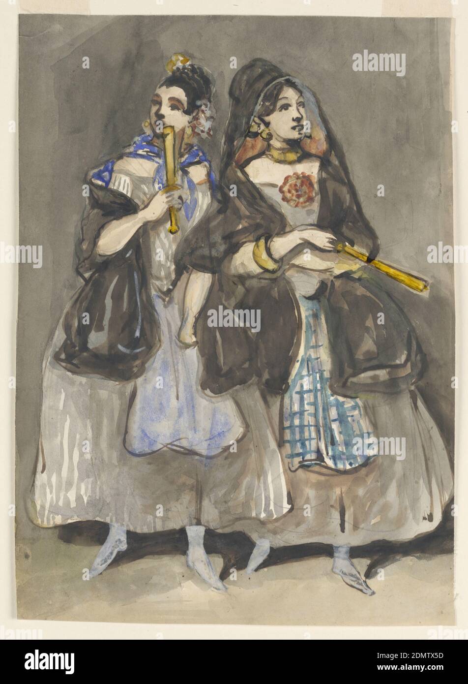 Two Spanish Women Promenading, Constantin Guys, French, 1802 – 1892, Pen and brown ink, brush and watercolor, gray wash on paper, Vertical rectangle. Two Spanish women promenading, both wearing gray skirts, blue aprons, black scarves, gold jewelry and holding fans with gold-colored sticks. Woman on left wears bright blue scarf and apron; woman on right wears a plaid apron., France, ca. 1860, figures, Drawing Stock Photo