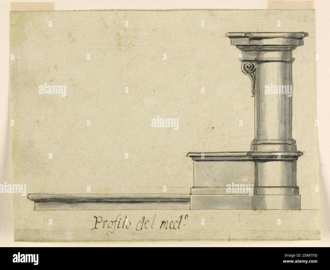 Project: Sideview of the prayer stool, -2586, Pencil, pen, ink, and chinese black washes on paper, Horizontal composition of a prayer stool. The parapet is on the right and the caption reads 'profilo del med[esim]o.', Rome, Italy, 1725–1775, religion, Drawing Stock Photo
