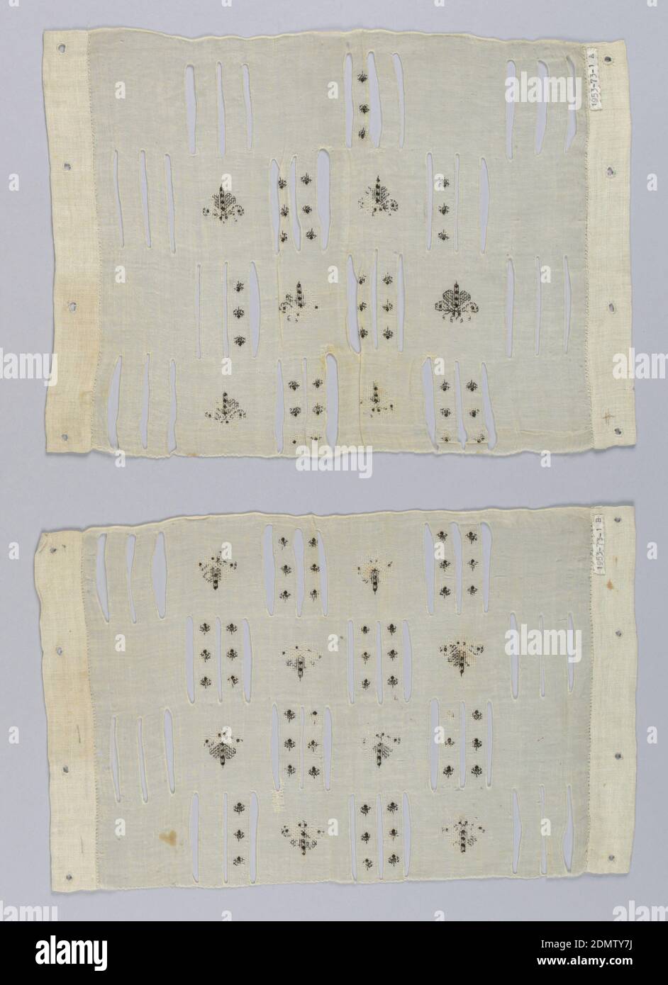 Sleeves, Medium: silk on cotton Technique: embroidered, Pair of sheer cotton rectangular sleeve pieces: 'b' is slightly deeper than 'a.' Each has four rows of grouped slits outlined with fine whipped cord; delicately embroidered with black silk with butterflies in the spaces between the groups of slits, smaller insects on the bars between the slits themselves. Central area of sleeve-piece only filled with embroidery. Heavily sized; upper edge whipped; lower edge finely hemmed; sides with deeper border of coarser unsized cotton cloth, each with four small holes outlined with buttonhole stitch Stock Photo