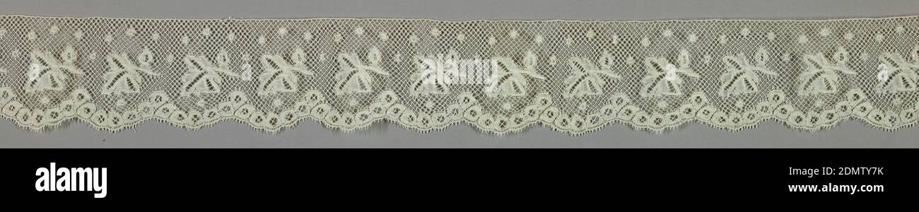 Border, Medium: Technique: bobbin lace (late Valenciennes ground), Design of separate leaf motifs with dots above a border of flower motifs arranged to form scallops., 19th century, lace, Border Stock Photo